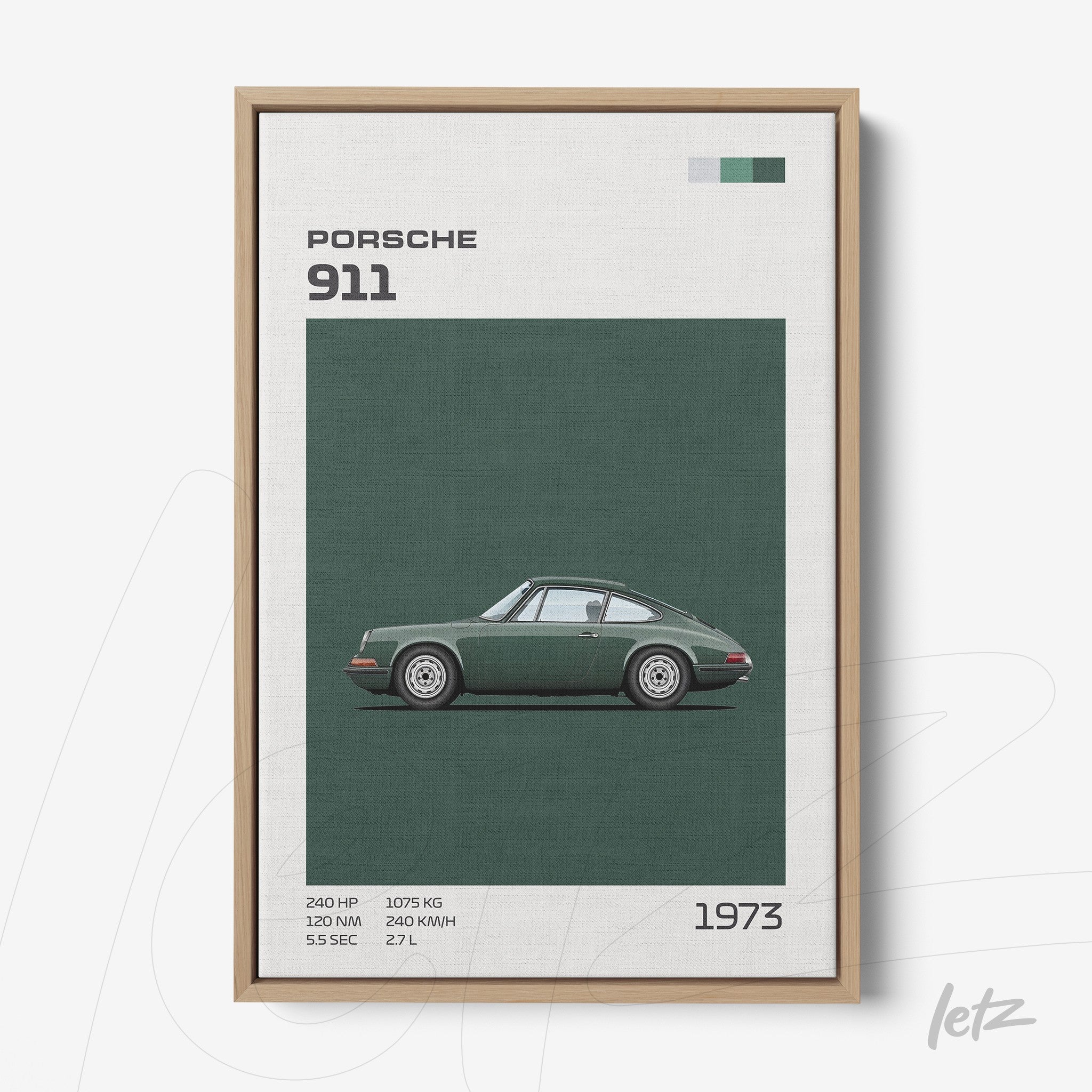 framed wall art depicting a green Porsche 911 car with clear wooden frame and informational details at the bottom