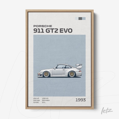 framed digital illustration of the 1993 Porsche 911 GT2 EVO with a light wood frame