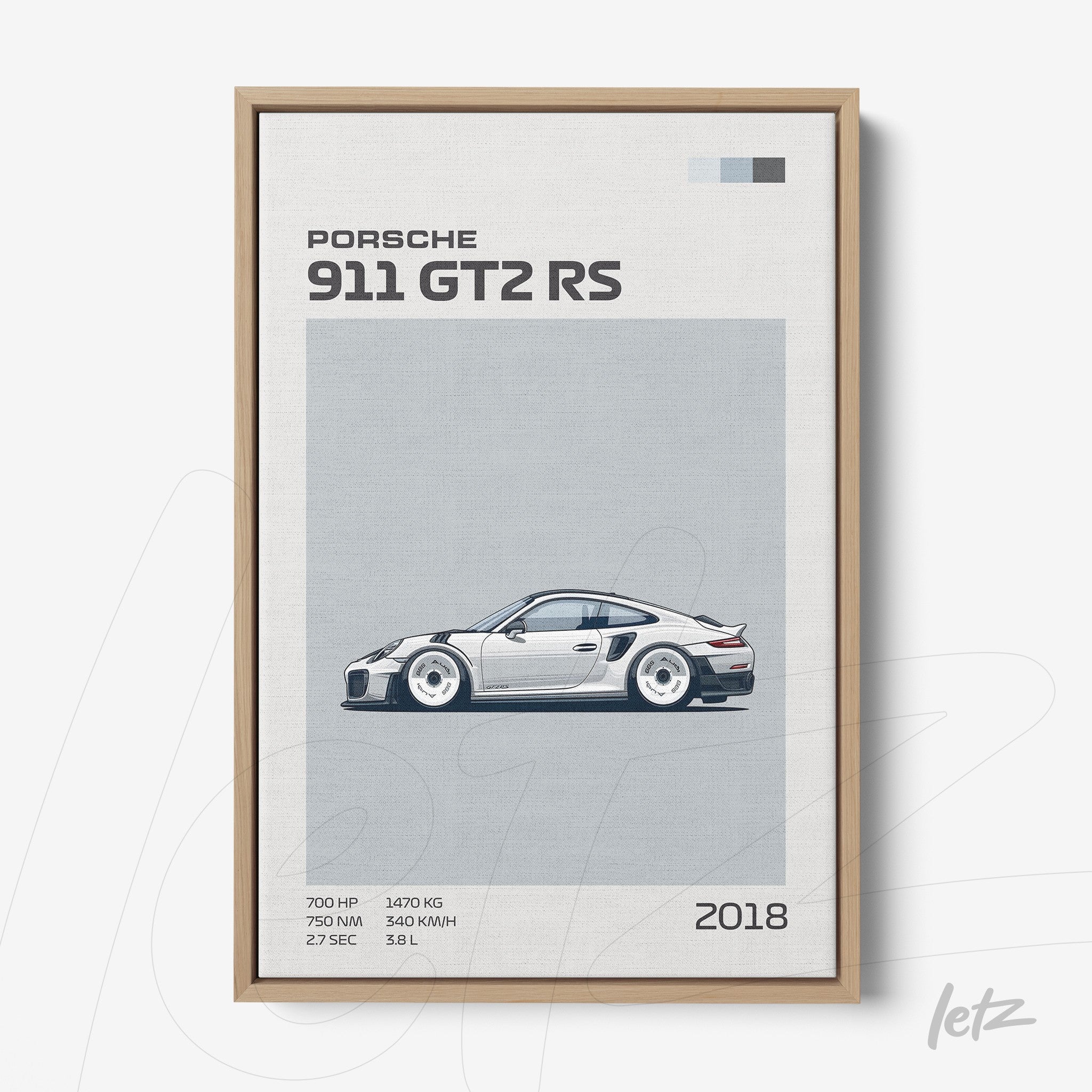 framed minimalist art of Porsche 911 GT2 RS car with light wood frame