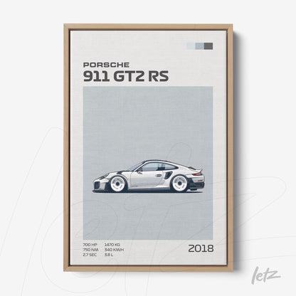 framed minimalist art of Porsche 911 GT2 RS car with light wood frame