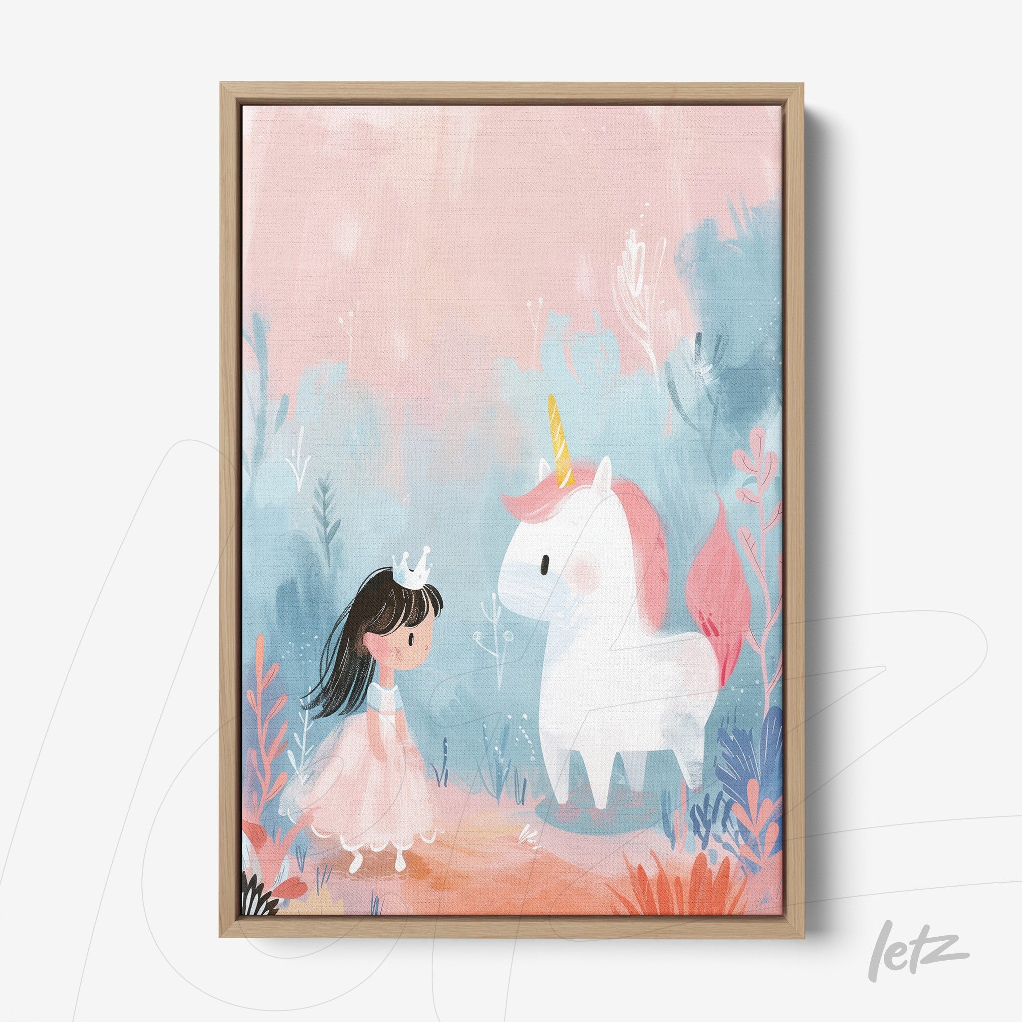 framed children's art featuring a girl in a princess dress talking to a unicorn against a soft pink and blue background