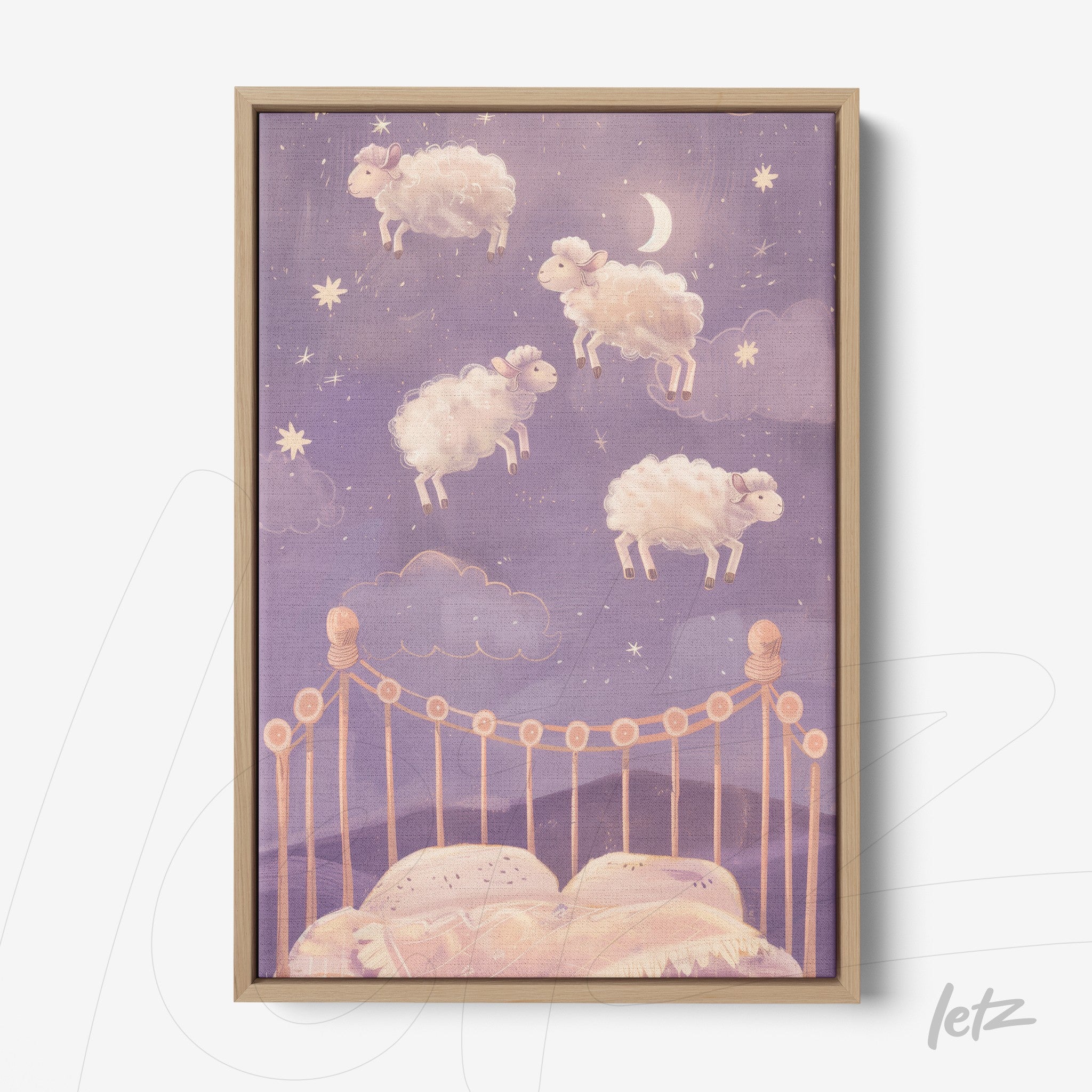 framed art featuring floating sheep over a bed in a starry sky with purple background and light wood frame