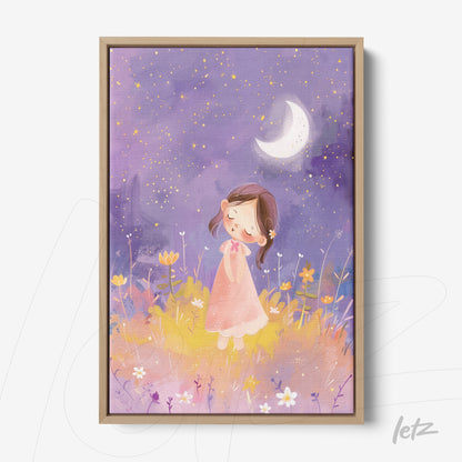 framed wall art featuring a whimsical illustration of a girl in a flower field under a moonlight with a purple background