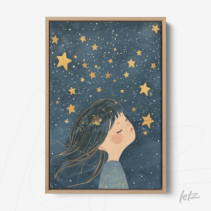 framed illustration of a dreaming girl under a starry sky with light wood frame