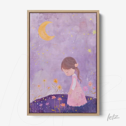 framed art featuring a delicate illustration of a girl in a flower field under a crescent moon on a lavender background