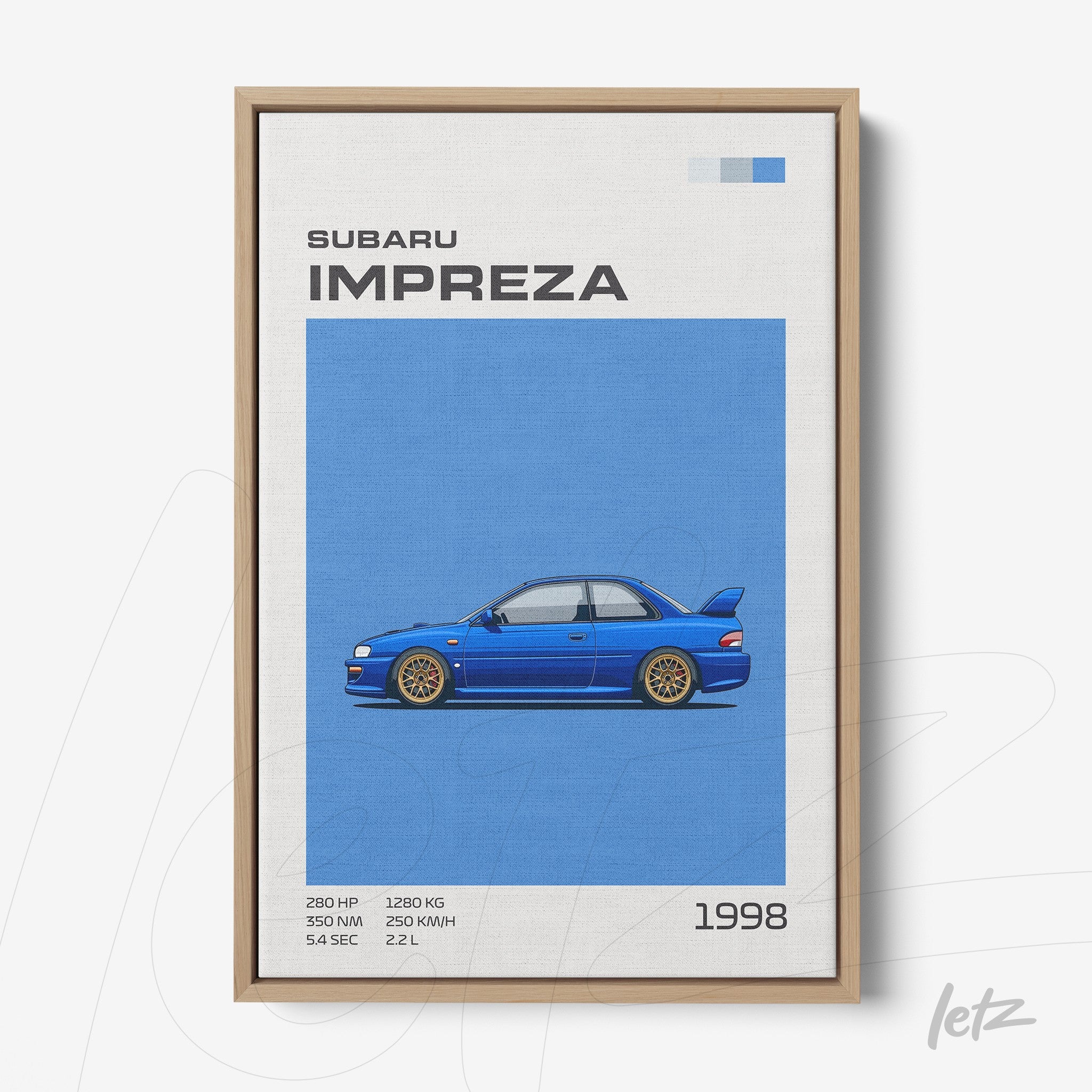 framed wall art featuring a blue 1998 Subaru Impreza with detailed specs
