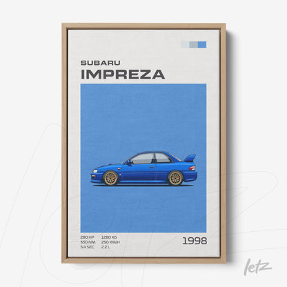 framed wall art featuring a blue 1998 Subaru Impreza with detailed specs