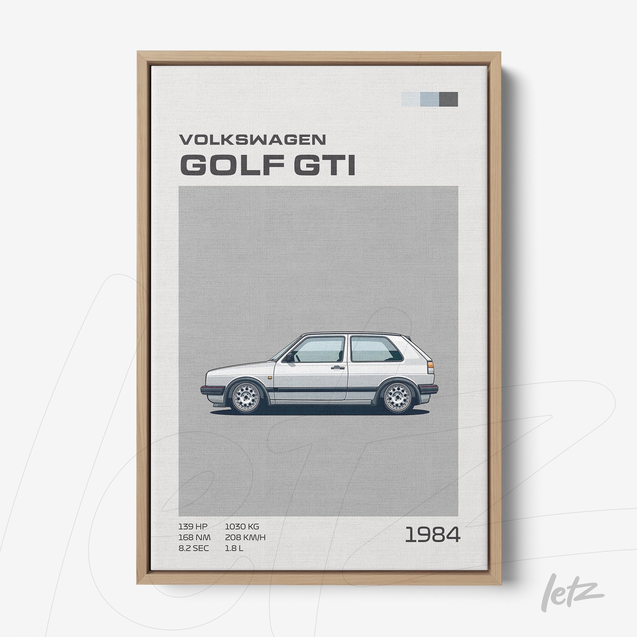 framed minimalist illustration of a 1984 Volkswagen Golf GTI in light wooden frame