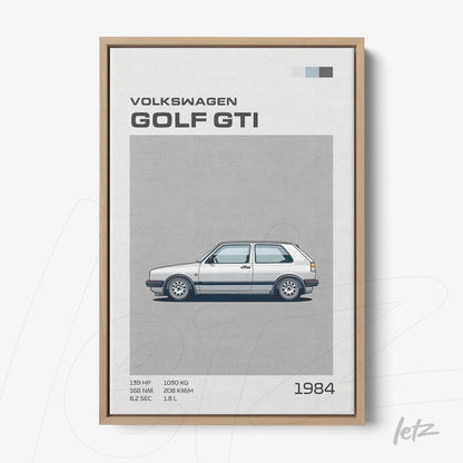 framed minimalist illustration of a 1984 Volkswagen Golf GTI in light wooden frame