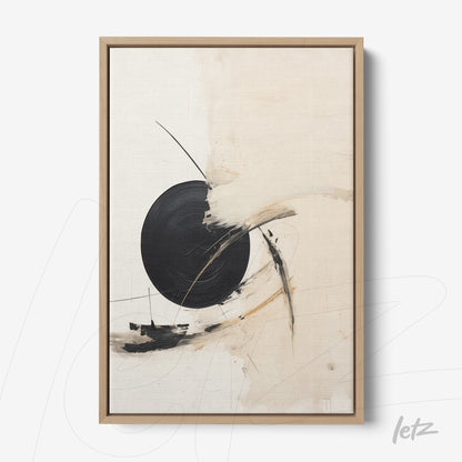 abstract wall art featuring a prominent black circle and dynamic lines on a light background with a natural wood frame