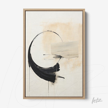 abstract wall art featuring neutral tones and circular shapes in a light wood frame