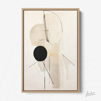 abstract artwork featuring geometric shapes in neutral tones with a black circle, framed in light wood