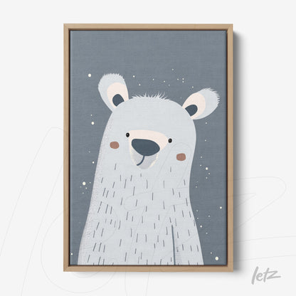 framed artwork of a smiling polar bear on a bluish-gray background with light wooden frame