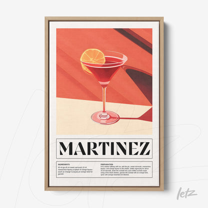 framed artwork of martinez cocktail featuring a vibrant red background and graphic style
