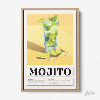 framed wall art featuring an illustrated mojito drink on a vibrant yellow background with sliced limes, fresh herbs, and ice in a tall glass