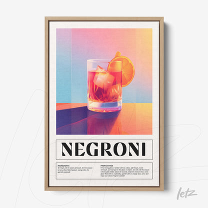 framed digital art of negroni cocktail with fruit and ice, light wood frame