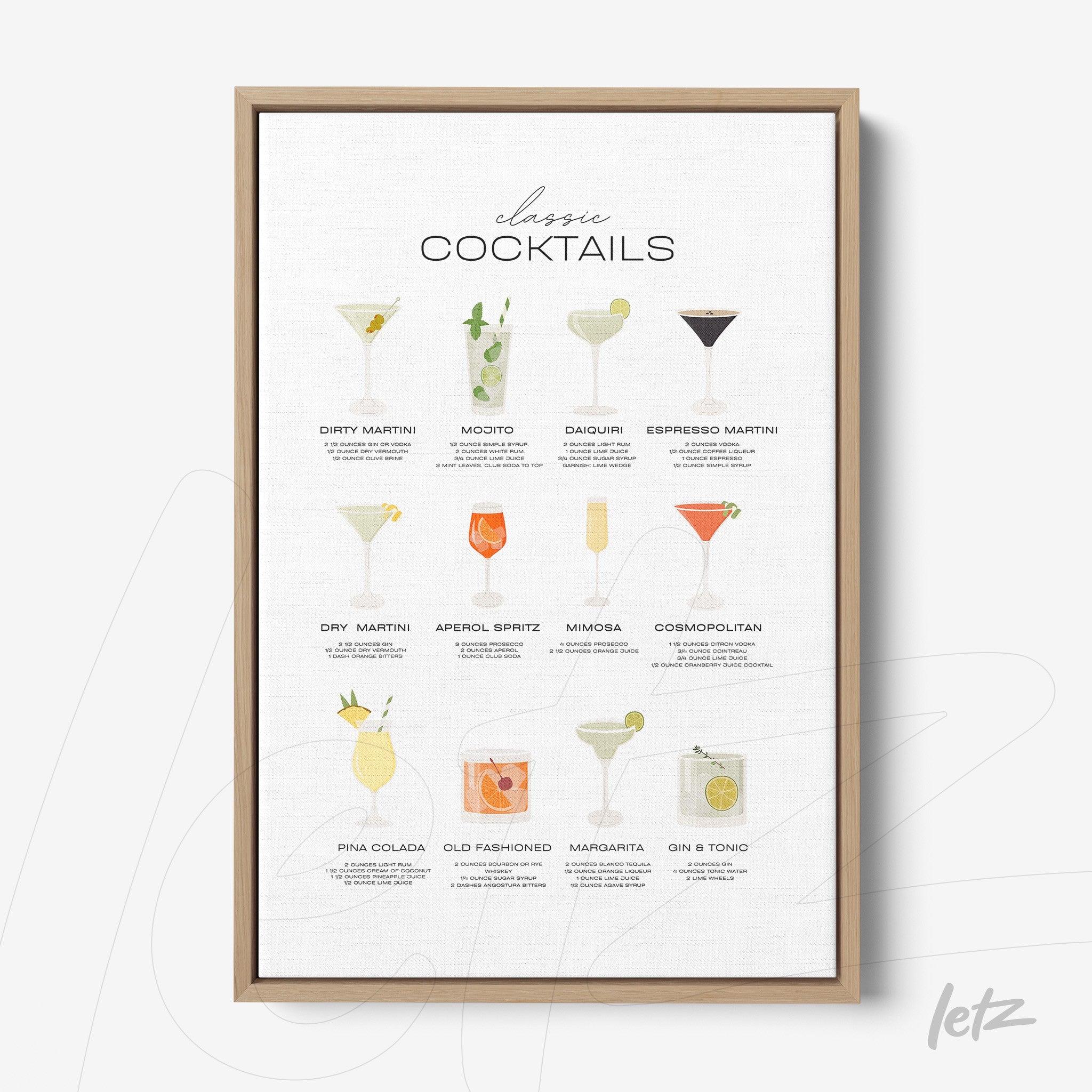 framed artwork featuring classic cocktail illustrations with light wood frame
