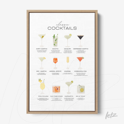 framed artwork featuring classic cocktail illustrations with light wood frame