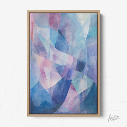abstract art print in shades of blue and pink with light wood frame