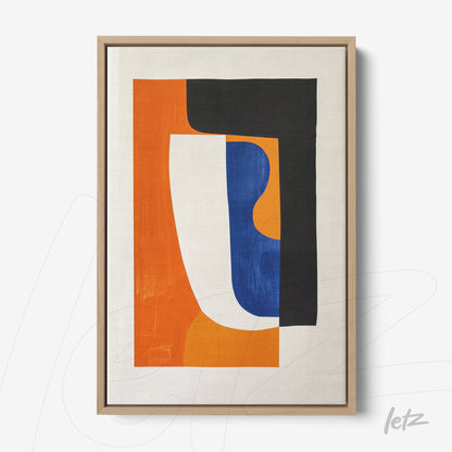 abstract wall art featuring blue, orange, and black shapes in a light wood frame