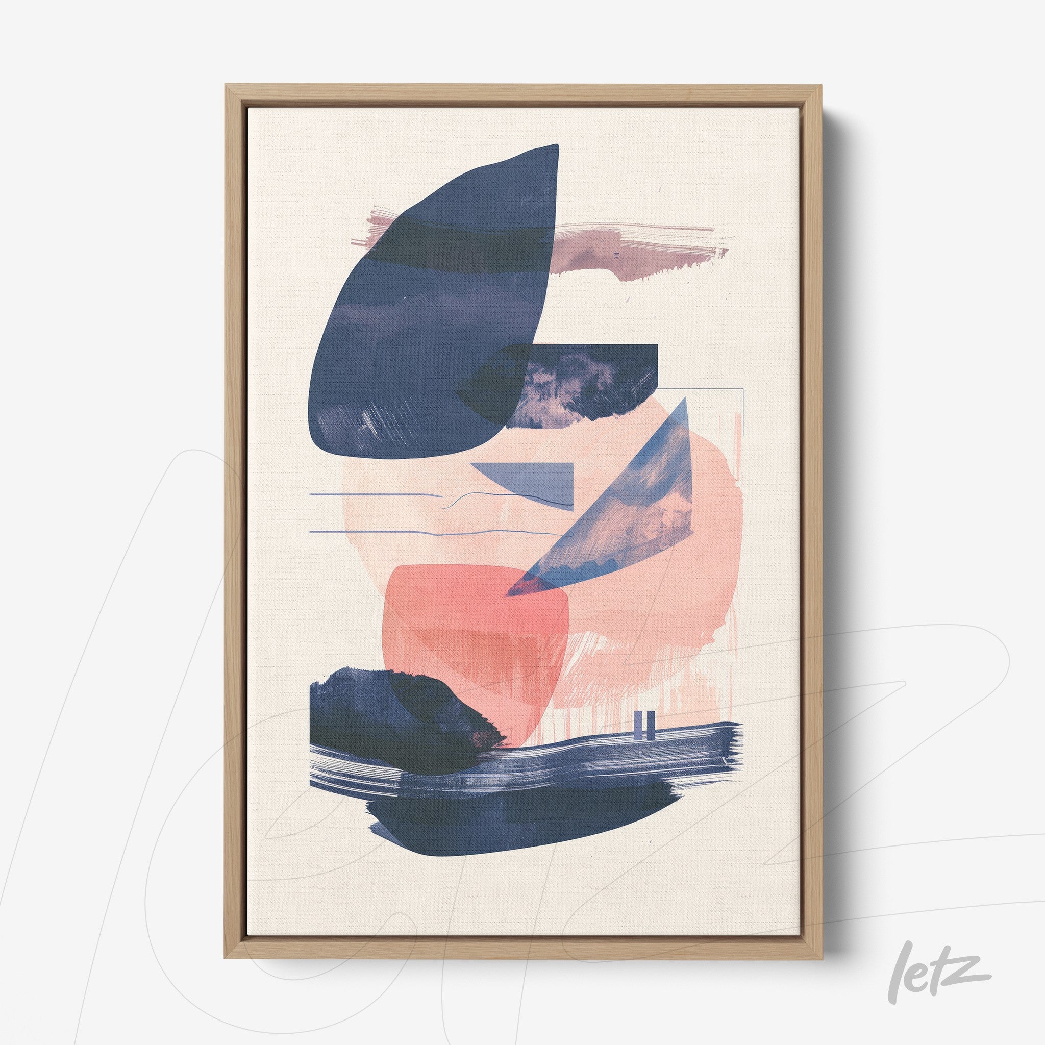 framed abstract art piece in shades of pink and blue with light wood frame