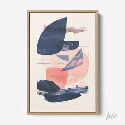 framed abstract art piece in shades of pink and blue with light wood frame