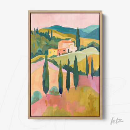 digital art of a soft-toned countryside landscape featuring a pink house and cypress trees in a light wooden frame