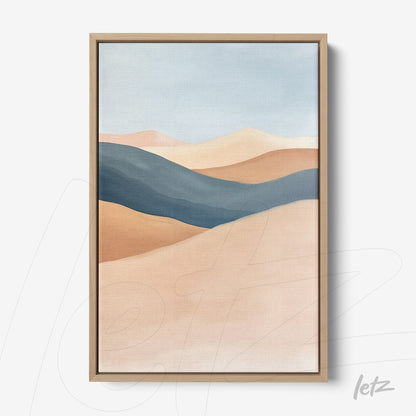 canvas artwork featuring abstract landscapes in earthy tones with soft hills and a light sky, framed in a light wooden frame