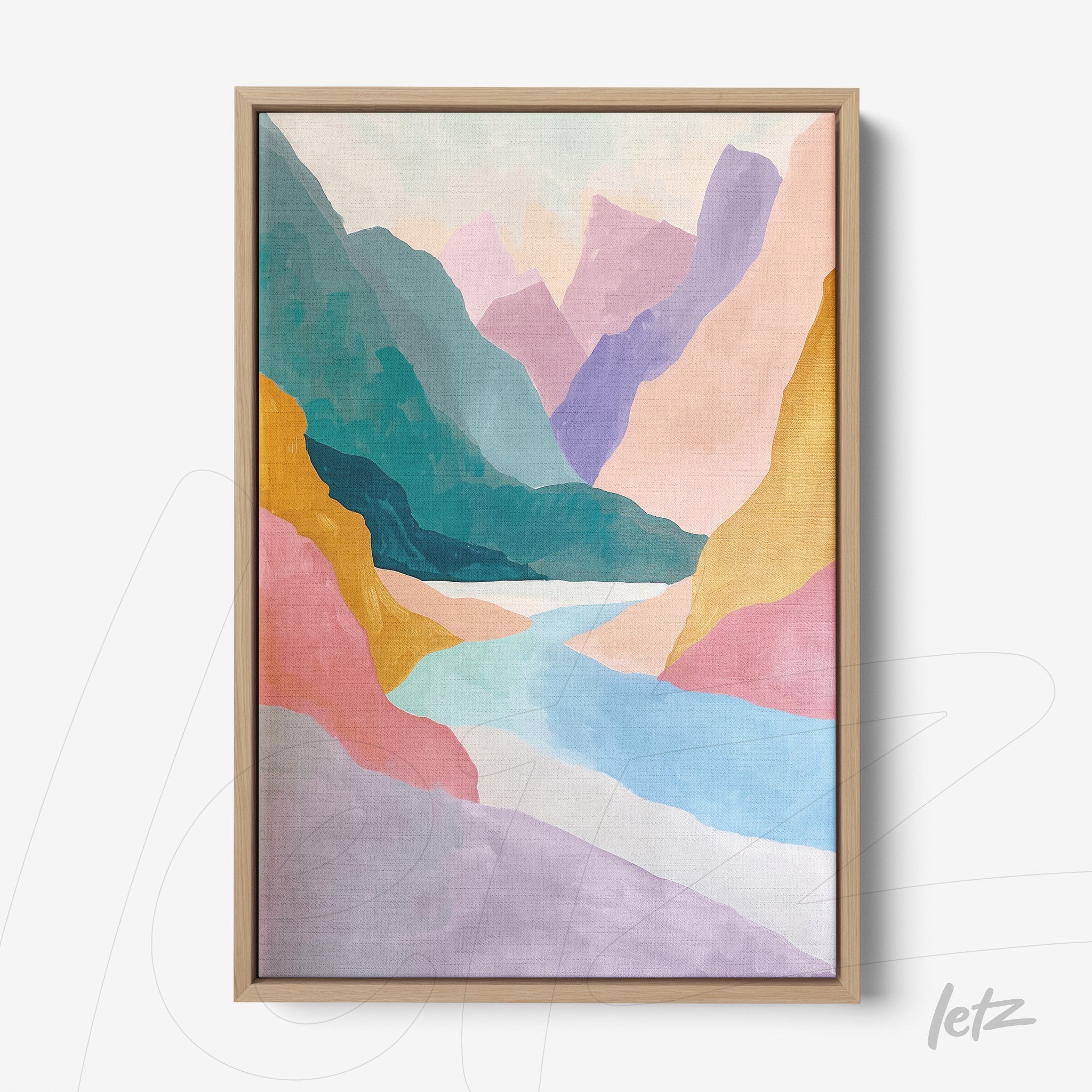 framed artwork featuring an abstract landscape of mountains in soft pastel colors