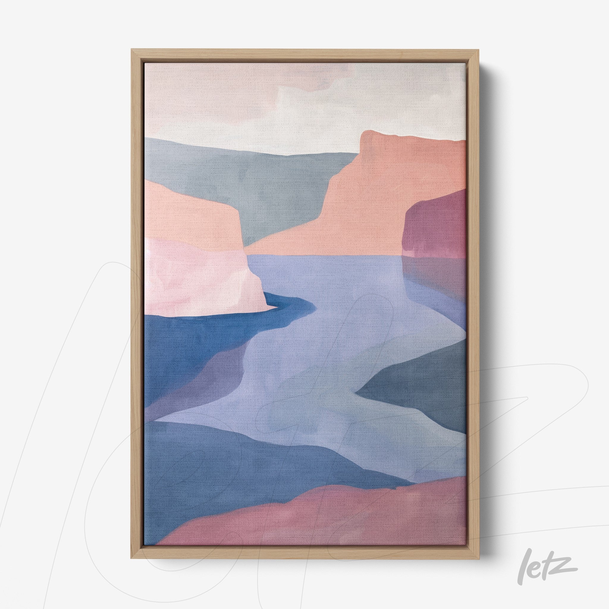 framed wall art featuring an abstract landscape with soft pink and blue hues