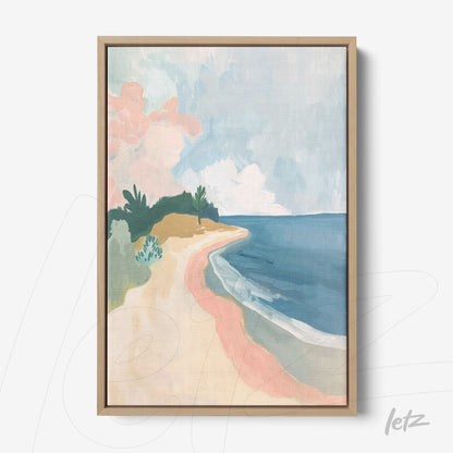 framed abstract art depicting a serene beach with blue and pink sky and light wood frame