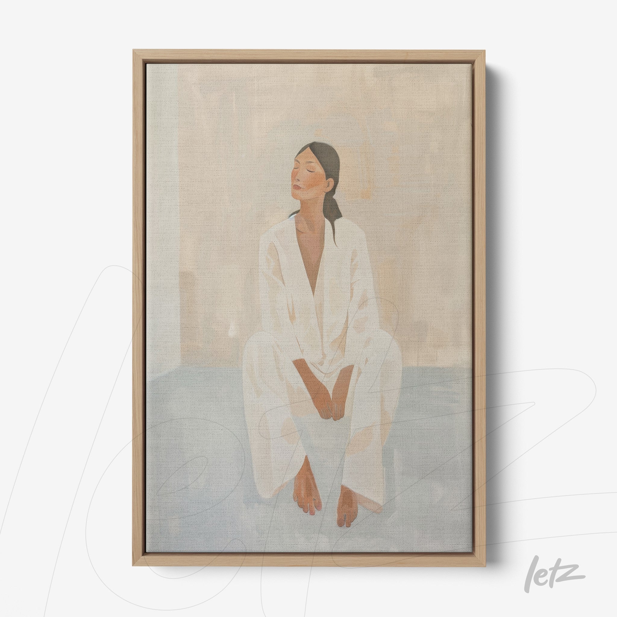 framed artwork of a seated female figure in light clothing against a neutral background with a light wood frame