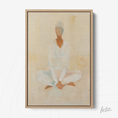 canvas print featuring abstract art of a meditative figure, framed in light wood with soft neutral background