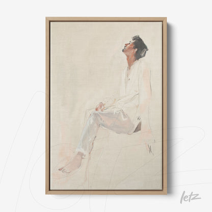 canvas art featuring a seated figure portrait in soft tones with a light wood frame