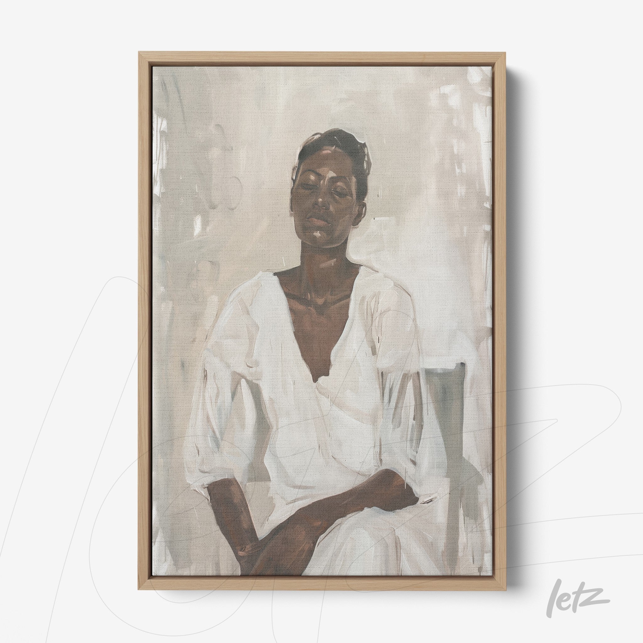 canvas wall art featuring an artistic portrait of a woman in a white dress with a light wood frame