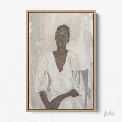 canvas wall art featuring an artistic portrait of a woman in a white dress with a light wood frame