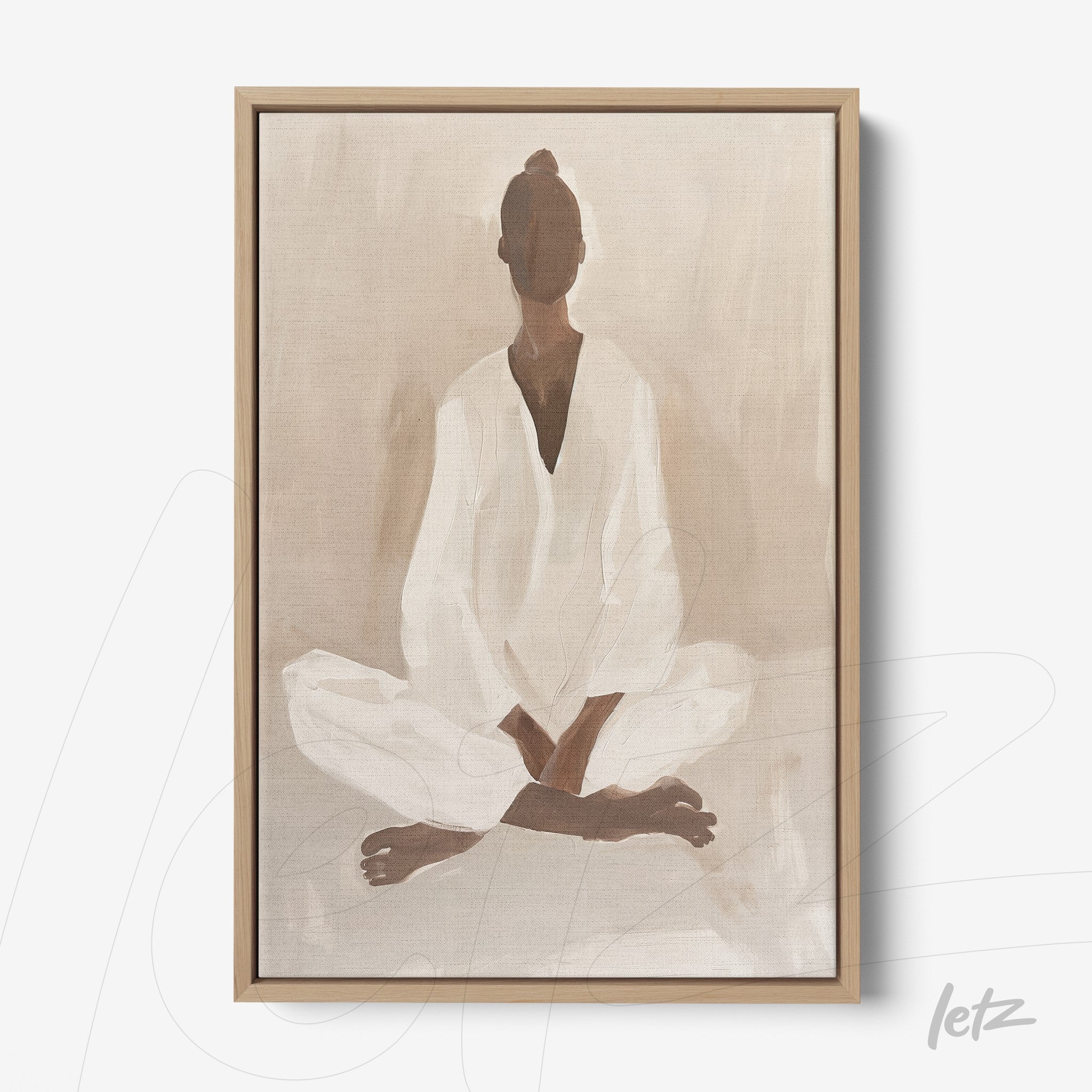 framed artwork of an abstract feminine figure in a meditative pose with light wood frame