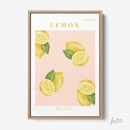 framed artwork featuring lemon illustrations on a pink background with text 'LEMON' and 'SPAIN'