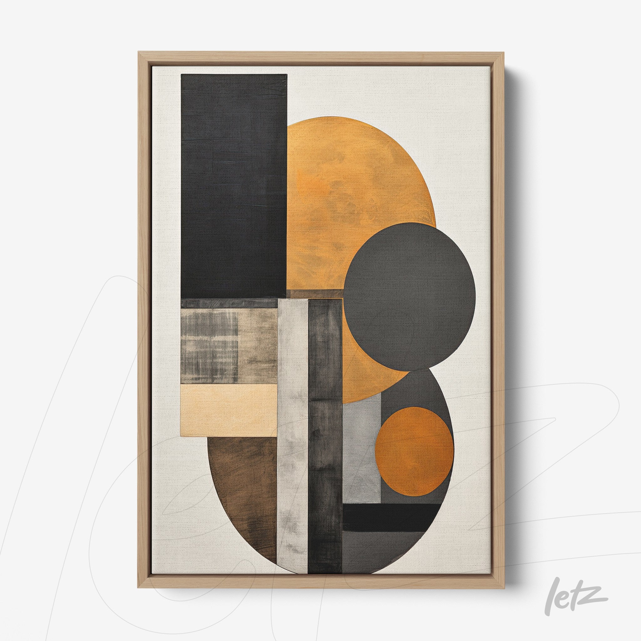 abstract art piece featuring geometric shapes in black, orange, and gray within a light wood frame