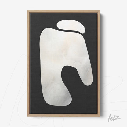 abstract artwork in light tones on black background framed with light wood