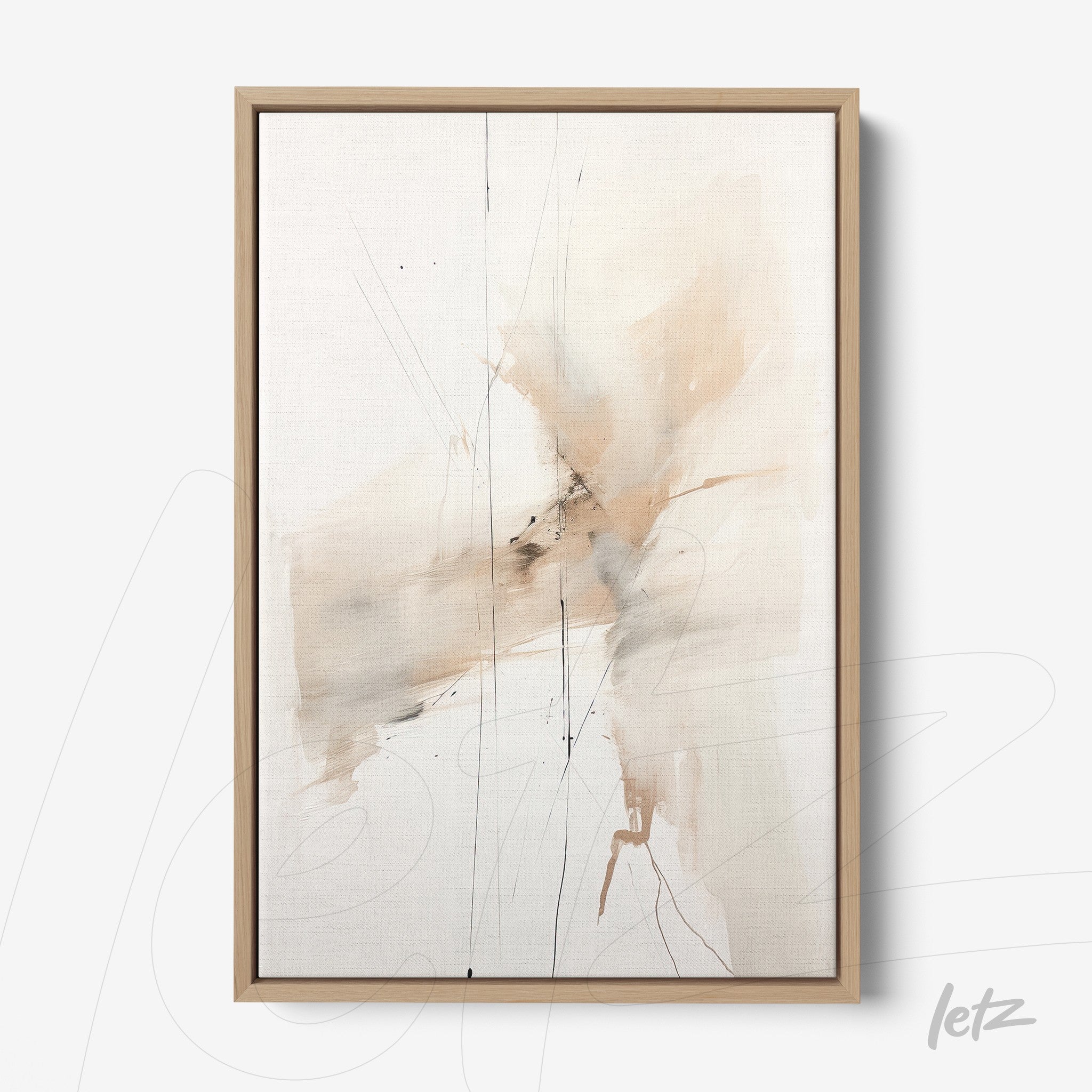 framed abstract art piece in soft beige and white tones with light wood frame