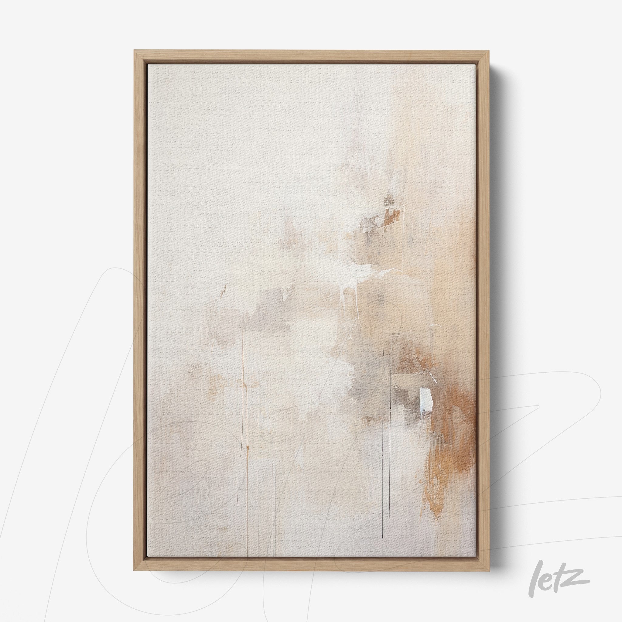 framed abstract wall art in neutral tones with light wood frame