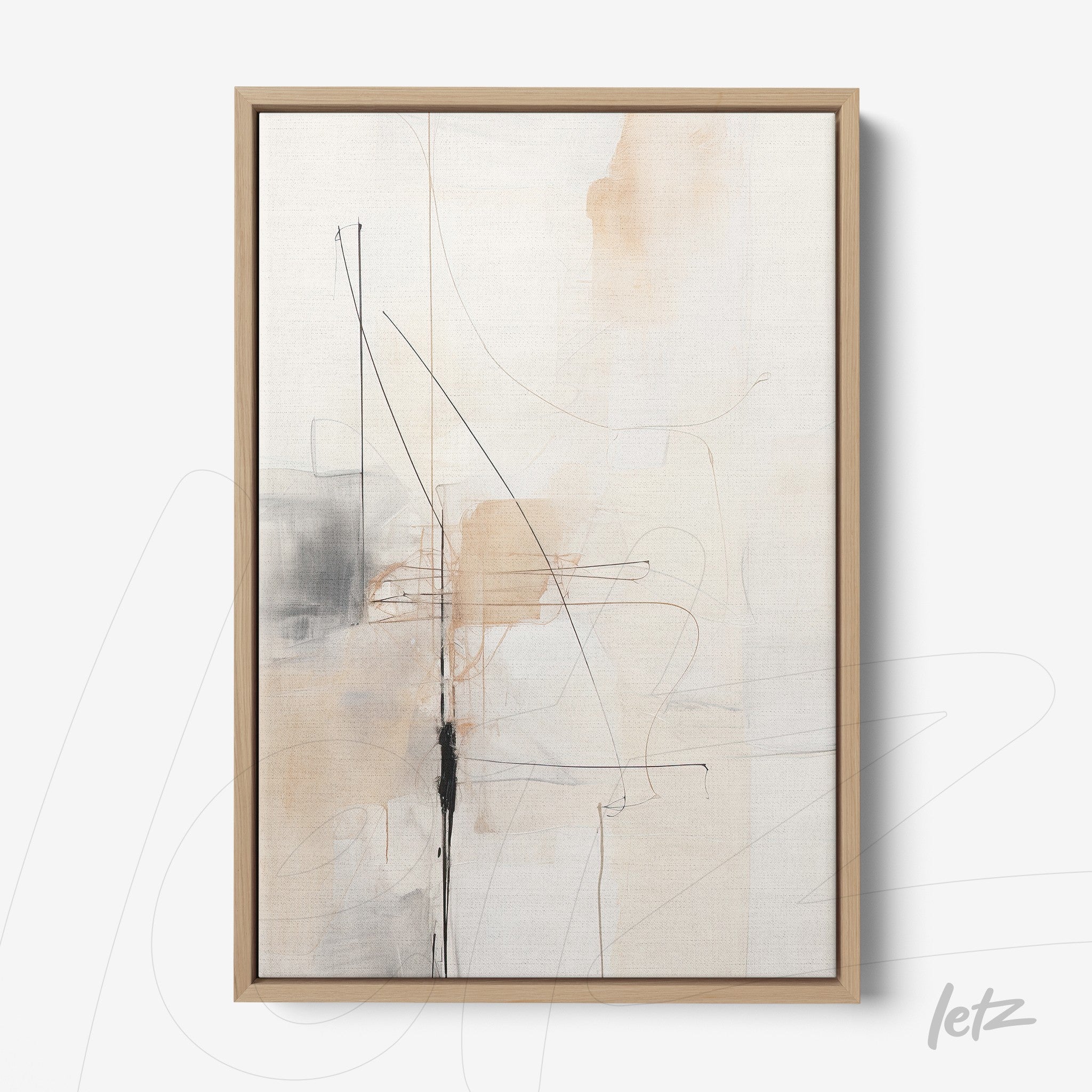 abstract wall art in neutral tones with black lines and brown accents, framed in light wood