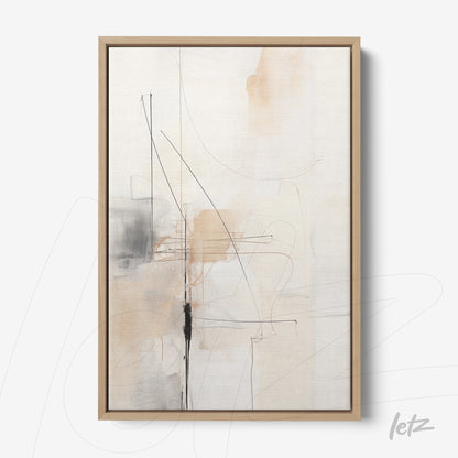 abstract wall art in neutral tones with black lines and brown accents, framed in light wood