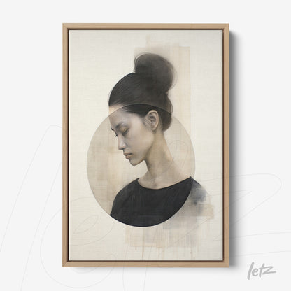 canvas art depicting a woman in profile with a soft background and neutral geometric shapes in a light wood frame