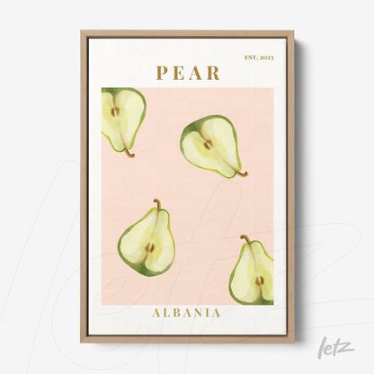framed art featuring green pears on a pink background with light wood frame