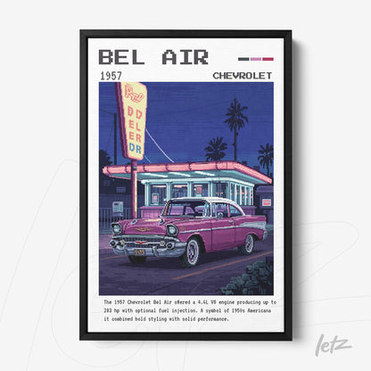 framed retro art of a pink Chevrolet Bel Air in front of a vintage gas station with illuminated signage