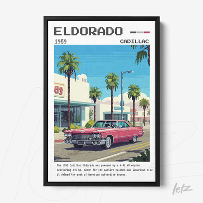 framed digital art of a 1959 Cadillac Eldorado in a pixelated street scene with palm trees