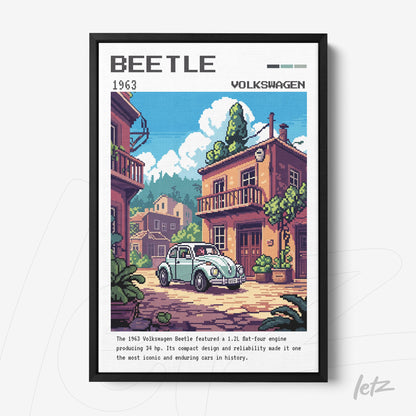 framed wall art featuring pixel art illustration of a 1963 Volkswagen Beetle parked on a street with colorful houses