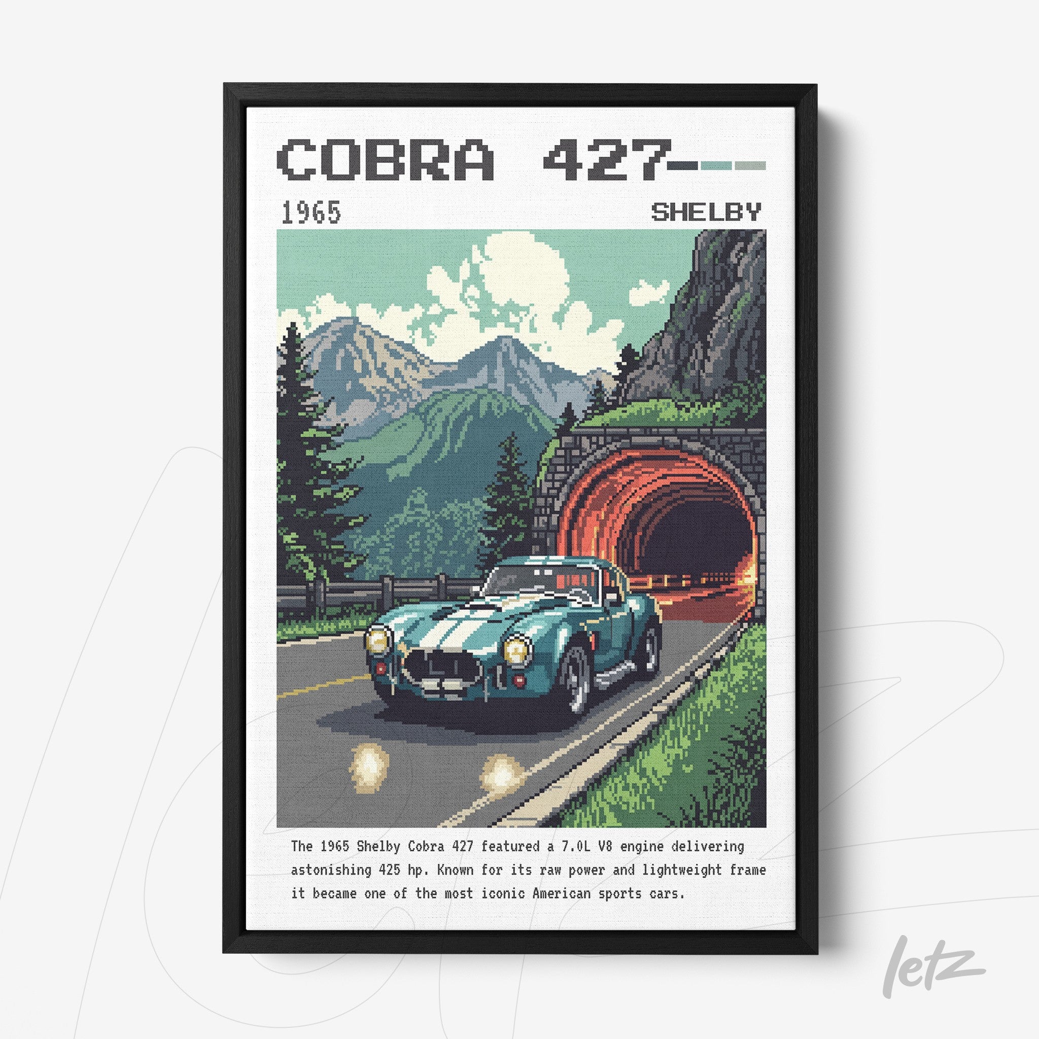 retro wall art featuring 1965 shelby cobra 427 sports car in thin black frame